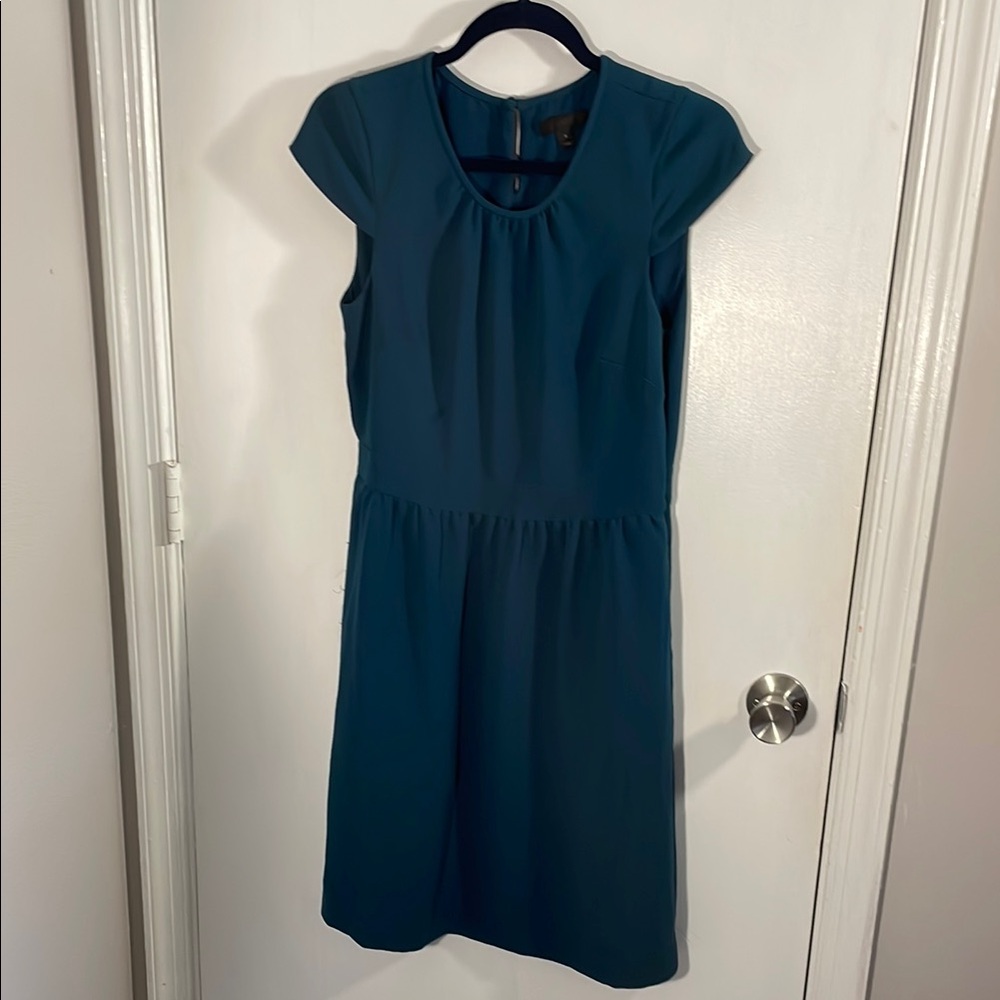 J. Crew Blue Sheath Midi Dress with Flutter Cap Sleeves